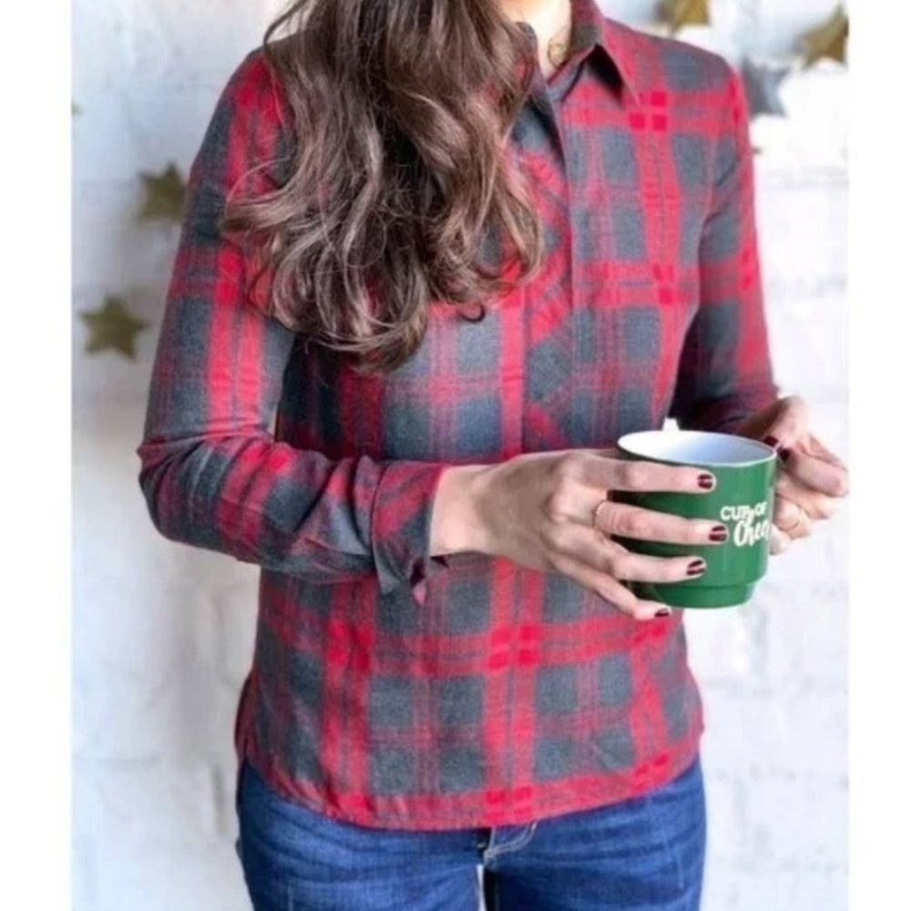 CAbi Cunningham Red/Grey Plaid Long Sleeve Popover Top Size M